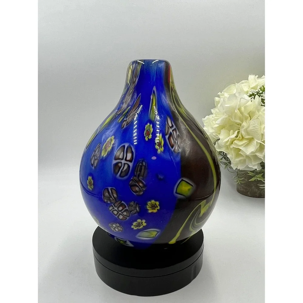 Heavy Vintage Murano Style Millefiori Art Glass Vase Blue Bulb Hand Blown >5 Ibs